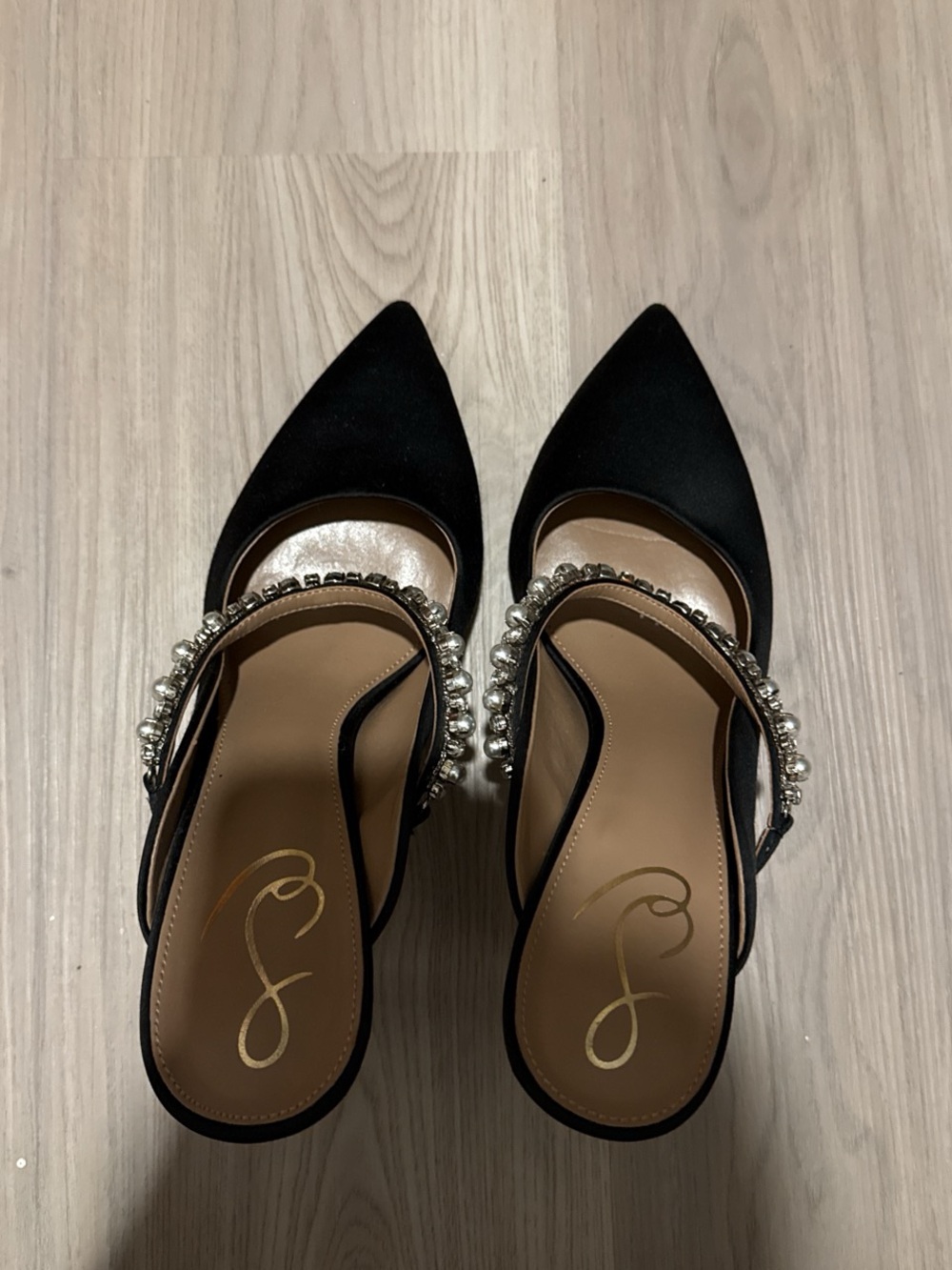 Sam Edelman Black Pointed Toe Jeweled Strap satin heels
